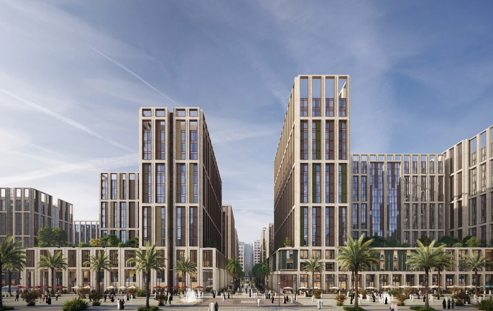 Render of RUA Al Madinah hotel buildings with shaded colonnades, palm trees and a pedestrian plaza.
